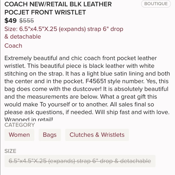 LOVELY BLACK LEATHER POCKET FRONT COACH WRISTLET - Picture 2 of 8